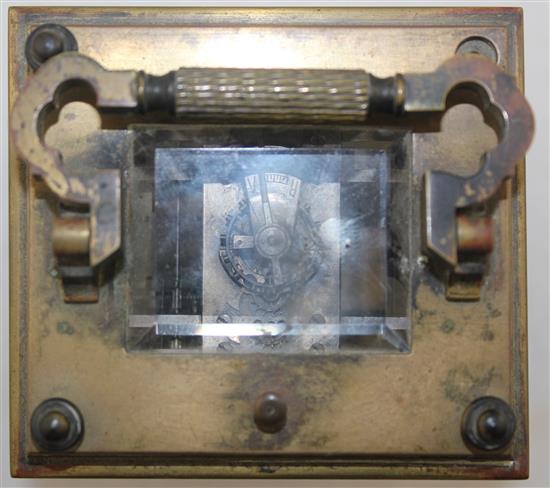 A late 19th century French brass hour repeating carriage clock, 6in.